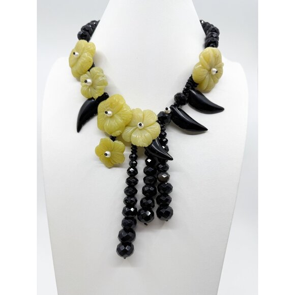 Chunky Beaded Yellow Jade Black Onyx Glass Statement Necklace Big Tropical Stone - Picture 1 of 9